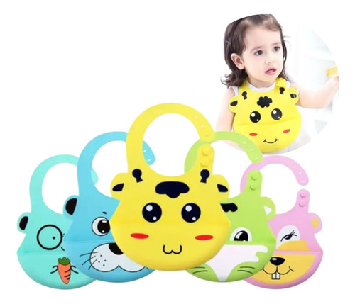 Babero Silicona Ajustable Bolsillo Recolector Animales Color Verde Claro Raton Talle U