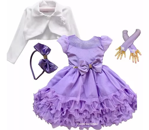 Vestido Infantil Princesa Sofia com Saiote e Luvinha Luxo - Lilás