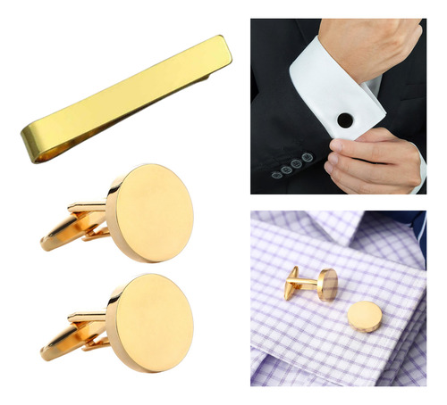 Kit Prendedor De Gravatas + Abotoaduras Masculinas Inox Par