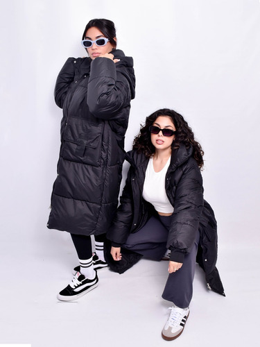 Campera Mujer Oversize Negra Capucha Larga Moda