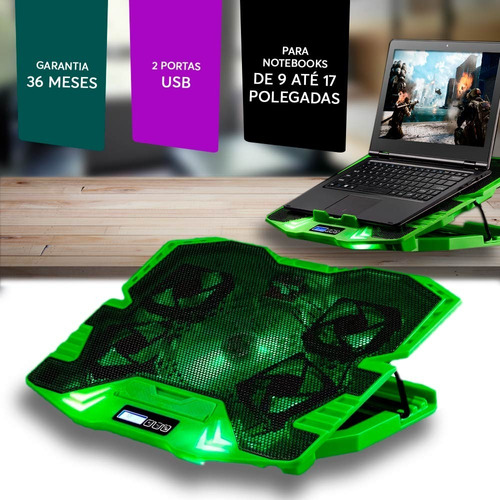 Base Notebook Warrior Cooler Game Verde Com Led Ac292