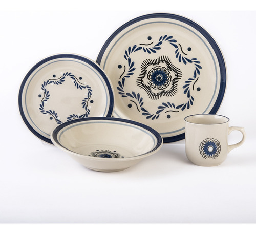 Vajilla De Porcelana Santa Anita De 16 Piezas Talavera Atlixco Color Blanco Y Azul