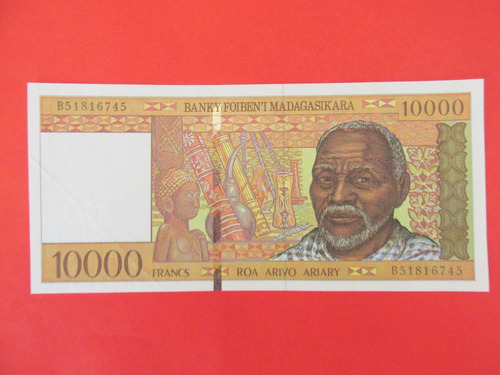 Billete Isla Madagascar Africa 10.000  Francos Muy  Escaso 