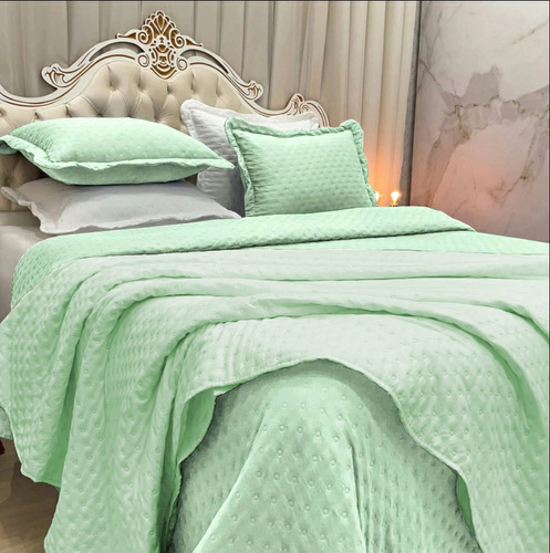 Kit Colcha Casal 3 Peças Dupla Face Verde Claro Algodão Luxo Cor Verde-claro Liso