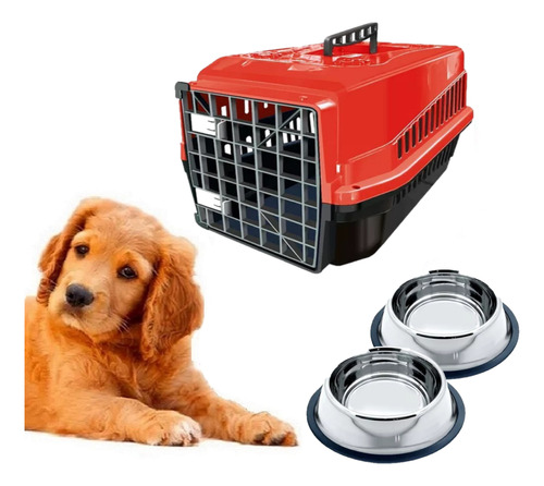 Caixa Transporte Pet Vermelho N3 E Dois Bebedouro P/cachorro