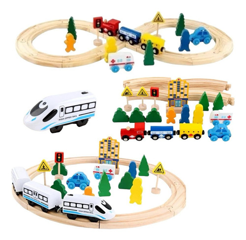 Pista Tren De Madera Y Tren Electrico Juguete Madera Pack 2