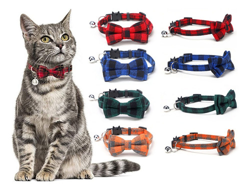 Collar De Gato Con Pajarita Clásica Cuadros Con Campana 4pcs