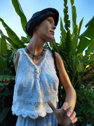 Remera Top Tejida Artesanal Algodon/saten Boho Crochet