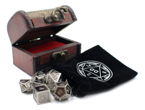 Metal Dados Set Con Borde De Plata Y Pecho De Almacenamiento