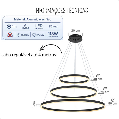 Gmh Luminária Lustre Pendente De Teto Led Embutido 3 Aneis Arcos Argolas 80cm 60cm 40cm Sala Quarto Recepção Hall Pé Direito Alto Duplo 4 Metros Regulagem Cabo Preto Moderno 113w 127/220v