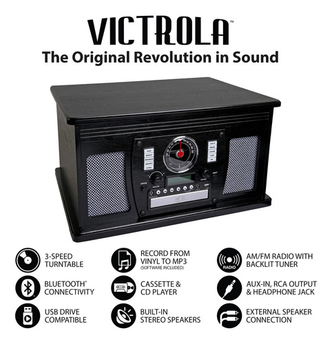 Tocadiscos Bluetooth 8 En 1 Y Centro Victrola Madera Real
