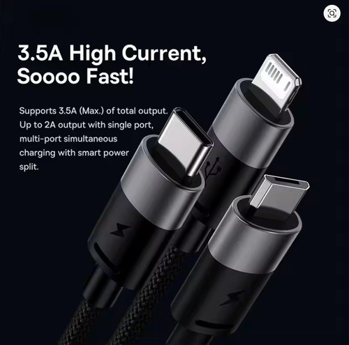 Cabo Baseus 3 In Lightning Micro Tipo C 1.2m Turbo 3.5a Fast