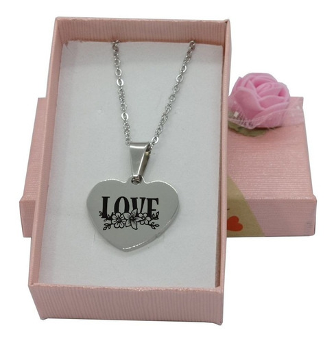 Collar Corazón  Acero Inoxidable Personalizado Láser + Caja