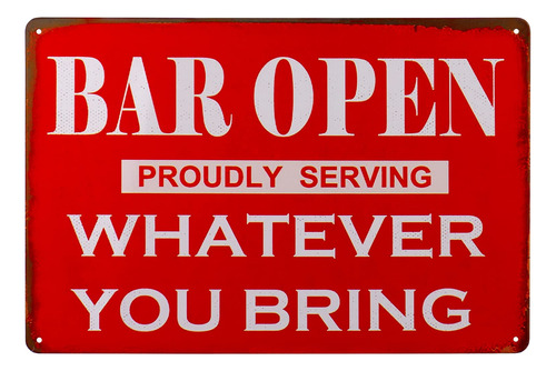 Letrero Metal Vintage Texto Ingl  Bar Open Proously Serving