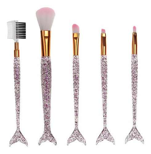 Pincel De Maquiagem Sereia Kit Com 5 Peças Rosa Com Glitter