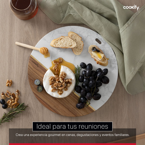 Tabla Redonda De Madera Y Mármol Cookify, Bandeja De Charcutería, Quesos, Carnes Frías, Aperitivos, Panes