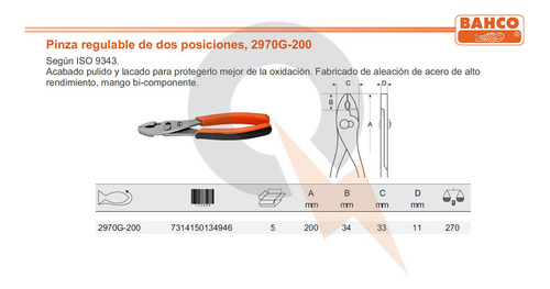 Imagen 2 de 5 de Pinza Universal Regulable Bahco De Dos Posiciones 2970 G-200