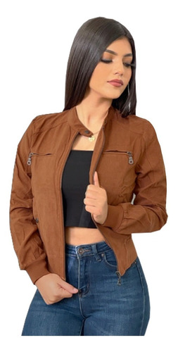 Chamarra Corta Bomber Mujer Piel De Durazno Casual