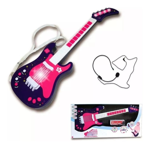 Guitarra Infantil Eletronica Com Microfone Sai Voz Unik Cor Azul Marinho Com Rosa