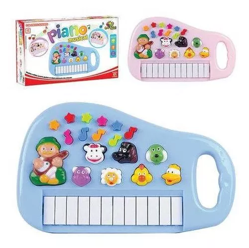 Piano Infantil Azul Teclado Musical Com Sons De Bichinhos Bichos