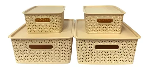 Set X4 Cajas organizadoras con tapa canasta mimbre plástico Gris