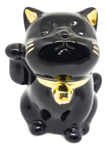 Mini Estatueta Gato Sorte Japonês Amuleto Riqueza Dinheiro Cor Preto Fofo