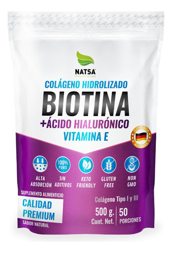 Biotina Con Colágeno + Ácido Hialurónico Y Vitamina E, 500 G Sabor Natural