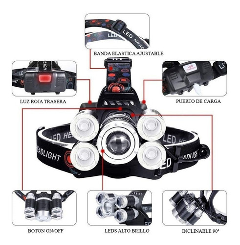 Imagen 3 de 10 de Linterna Led Recargable Minero Vincha 5 Cree T6 Usb 12v