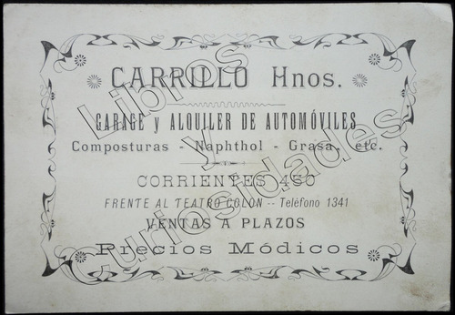 Antigua Tarjeta De Garage Y Alquiler De Automóvi 1910. 27091