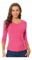 Comprar Blusas Fruncida Cuello V De Punto Liso Con Decoración Botón