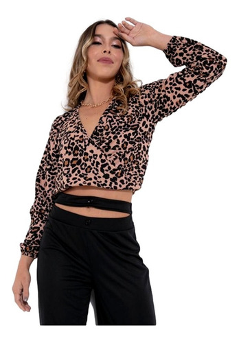 Blusa Onça Cropped Top Com Decote Transpassado Manga Longa