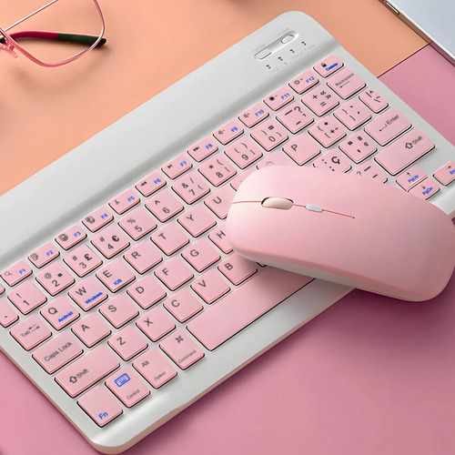 Teclado Sem Fio Bluetooth Recarregável Com Mouse - Rosa Rosa