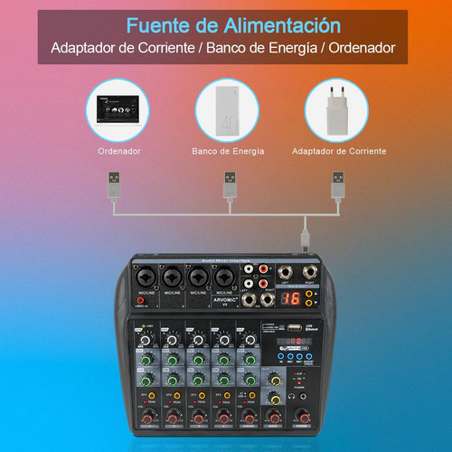 Mezclador 6 canales 16 Dsp Mezcladora de Sonido con 4 Entradas Mono Consola USB y Bluetooth Mixer Audio Alimentación Phantom de +48V Livehouse Karaoke