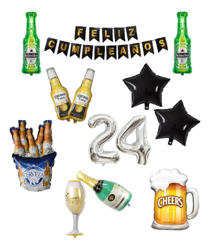 Combo De Globos Botellas Cerveza Copa Cumpleaños Metalizado