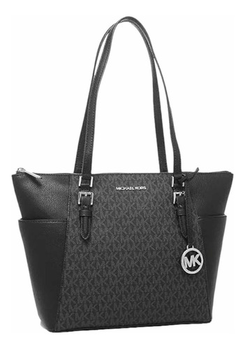 Bolsa Michael Kors Tote Charlotte Grande De Couro Acambamento Dos Ferragens Prata Cor Preto Correia De Ombro Preto Desenho Do Tecido Monogramada