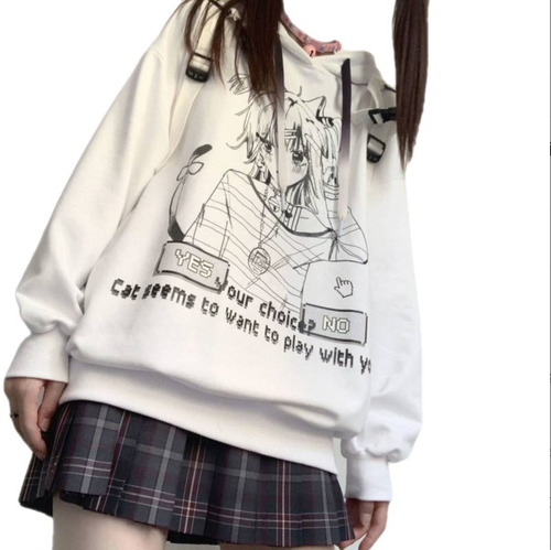 Deeptown Gothic Emo Anime Print Sudaderas Blancas Mujer