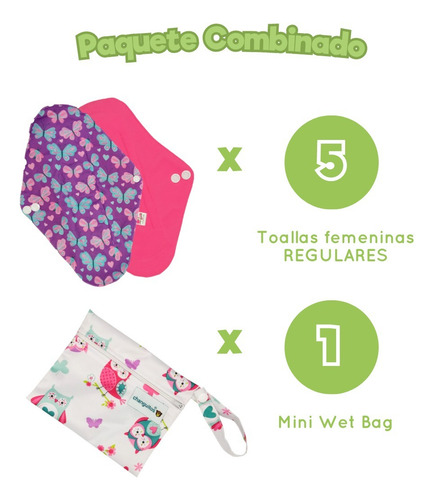 Pq 5 Toallas Fem Regulares Ecológicas 24x18 + Wet Bag