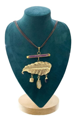 Collar Laminado Oro22k Dije Hoja Con Piedras Estambul Joya Color Marrón