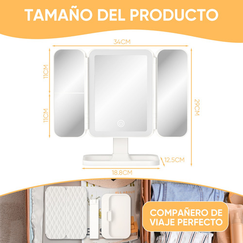 Espejo De Maquillaje Triple Plegable Con Luz Led Y Aumento