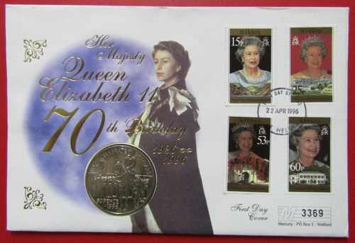 Santa Helena Blister Moneda 70º Aniv Reina 50 Pence 1996 Unc