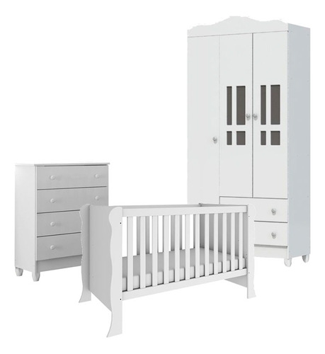 Quarto De Bebê 3 Portas Com Gaveteiro Ariel Branco Brilho