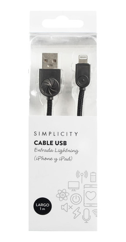 Cable Usb Simplicity Metalizado Negro Ligthning