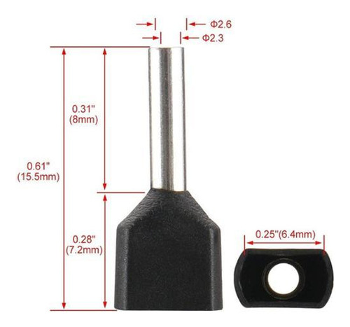 Kit 200pçs Terminal Elétrico Ilhós Tubular Duplo 1,5mm Preto
