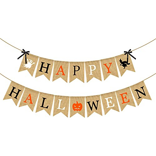 ¿feliz Halloween Banner Arpillera Calabaza Impreso? ...