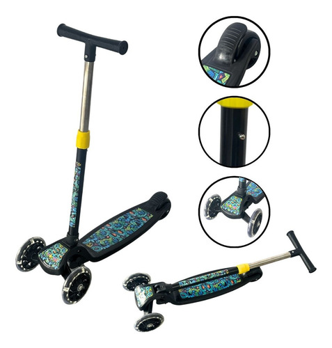 Patinete 3 Rodas Dobráveis E Ajustável Preto Com Desenho Ok