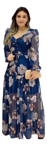 Vestido Largo De Manga Larga, Forrado, Estampado, Con Escote En V, Corte Entallado Y Elegante, Azul