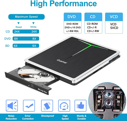 Guamar Externa Blu Ray Drive, Usb C Blu Ray Burner Portátil