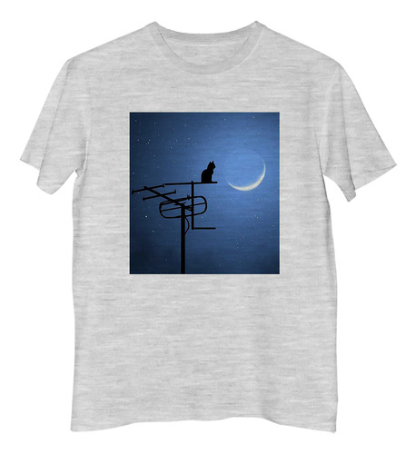 Remera Niño Animal Gato En Antena Mirando Luna Azul