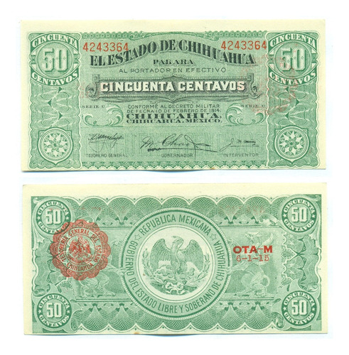 México Chihuahua Billete 50 Centavos Año 1914 P#s528c Unc