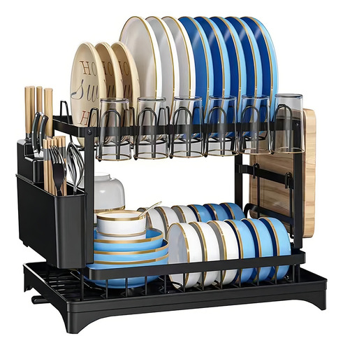 Yajotin Escurridor De Trastes 2 Niveles Acero Inoxidable 42x29x30cm - Organizador Multifuncional Plato/tupperware/cubiertos Con Bandeja Antigoteo, Ideal Para Cocinas Pequeñas (negro)